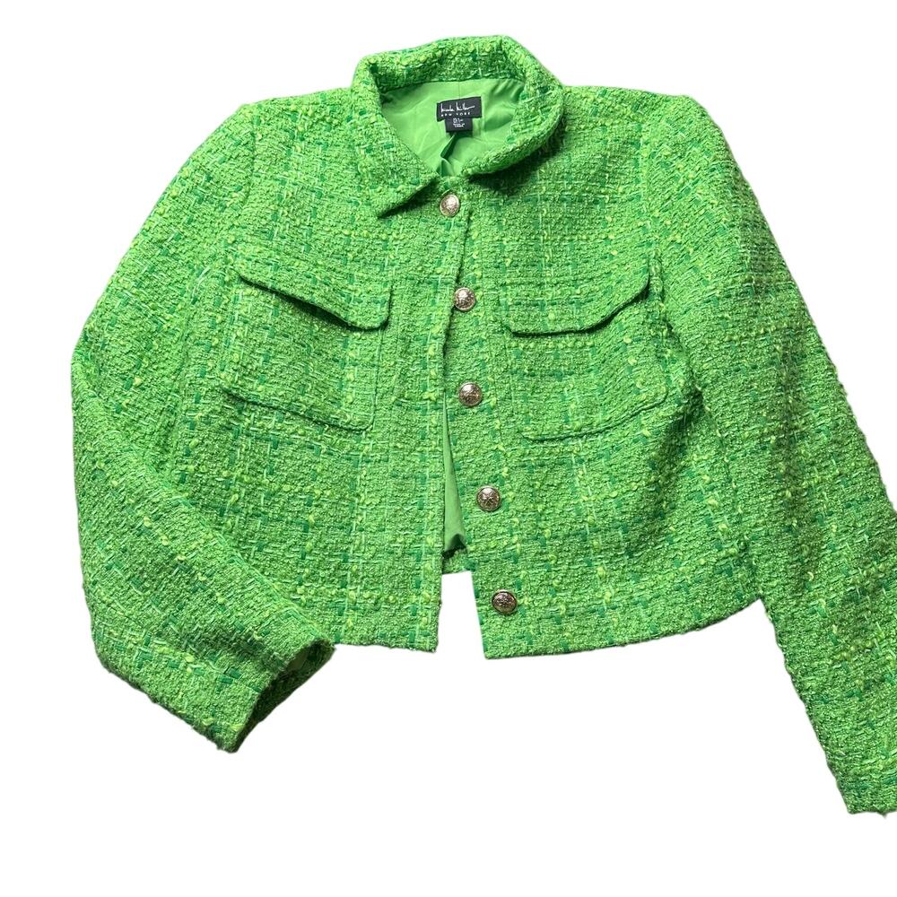 Nicole Miller Green Tweed Cropped Blazer Wool Blend Size Small